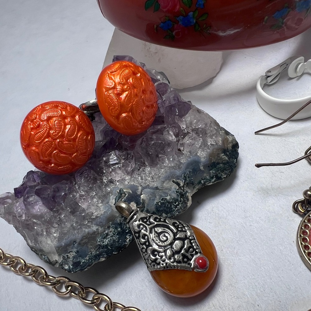 vtg - Modern Jewelry Orange Flowercore Bib Necklace Enamel Earrings Bangle‎ Cuff - Picture 7 of 16